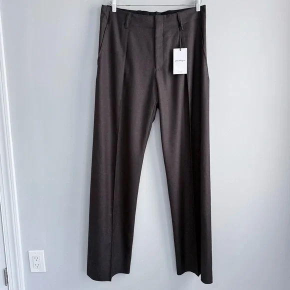 NWT Ferragamo Men’s Pleated Wool Trousers Toni Ganache Brown 52 IT US 36 Pants